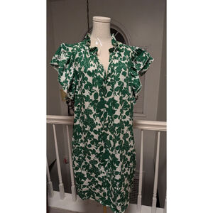 Dalin Green White Floral Ruffle Sleeve Shift Dress Split Neck 2X